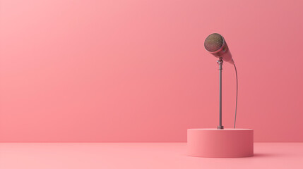 Micrófono en pedestal sobre fondo rosa - obrazy, fototapety, plakaty
