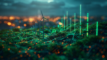 Stock market graphs and economic data visualized with icons of solar panels and wind turbines, uprising green stockmarket graph, green symbols,generative ai