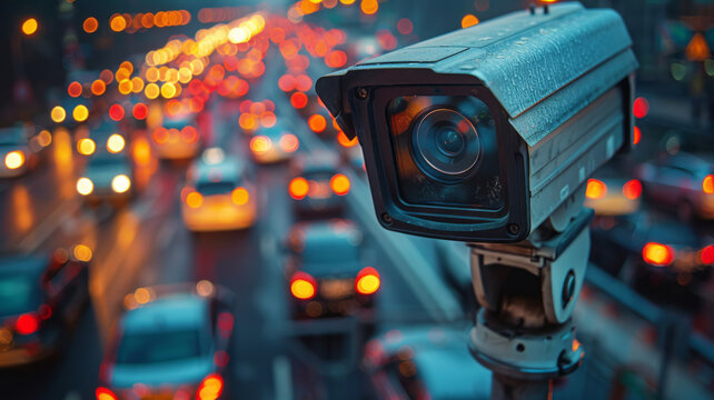 Speed camera monitoring busy traffic road. The cameras speed control on the road .generative ai