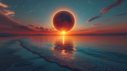 Captivating Texas desert eclipse: Moon veiling the sun, serene lake, celestial harmony.generative ai - obrazy, fototapety, plakaty