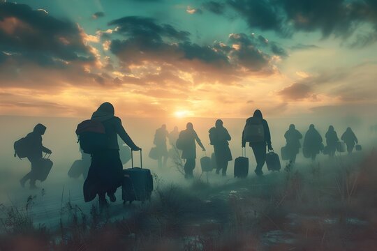 Group of refugees with luggage fleeing military conflict seeking safety and a new home in a modern world. Concept Refugee Crisis, Seeking Safety, Humanitarian Aid, Global Migration