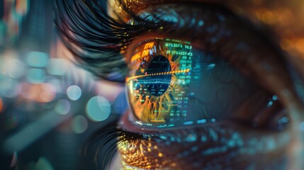 Macro view of a human eye with stock market data reflection. - obrazy, fototapety, plakaty