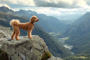 A proud Poodle standing on a rocky cliff overlooking a breathtaking mountain vista, Copy Space. - obrazy, fototapety, plakaty