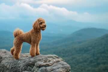 A proud Poodle standing on a rocky cliff overlooking a breathtaking mountain vista, Copy Space. - obrazy, fototapety, plakaty