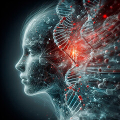 Concepto de las nuevas tecnologías como la inteligencia artificial con una cabeza humana de perfil entre moléculas de ADN rojo y gris. 2024
