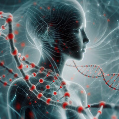 Figura humana femenina joven color gris y rojo enmedio de moléculas de ADN en un concepto de inteligencia artificial futurista. 2024