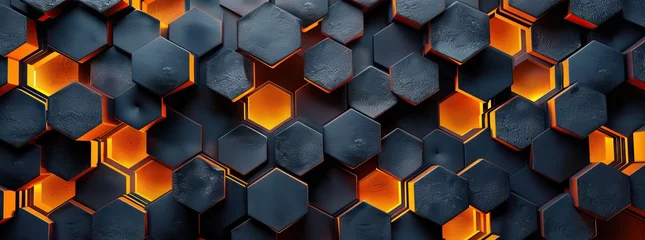 Fotobehang Abstract black hexagon pattern on neon gradient orange background technology style. Honeycomb. AI generated illustration © Gulafshan