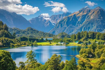 Fototapeta na wymiar Beautiful scenery landscape of the Matheson Lake Fox Glacier town Southern Alps Mountain Valleys New Zealand