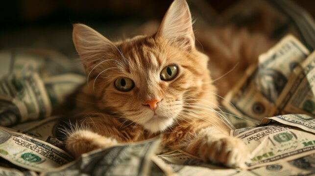 Orange tabby cat staring with curious eyes surrounded by US dollar bills. Financial success and savings concept