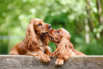 A pair of English Cocker Spaniels sharing a tender moment, their affectionate nuzzles and gentle demeanor epitomizing the breed's loving nature, - obrazy, fototapety, plakaty