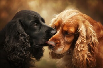 A pair of English Cocker Spaniels sharing a tender moment, their affectionate nuzzles and gentle demeanor epitomizing the breed's loving nature, - obrazy, fototapety, plakaty