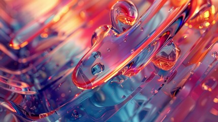 Vibrant abstract fluid shapes with reflections and bokeh lights. 3D render of dynamic movement. - obrazy, fototapety, plakaty