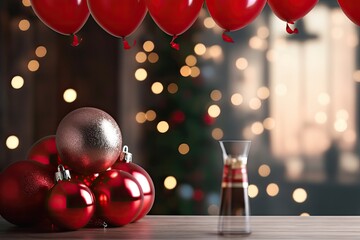 christmas decoration on red background bokeh lights