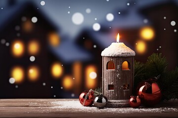 christmas lantern in the snow. bokeh 