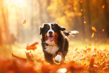 A playful Bernese Mountain Dog frolicking in a sunlit meadow, surrounded by vibrant autumn foliage, with copy space available at the top. - obrazy, fototapety, plakaty
