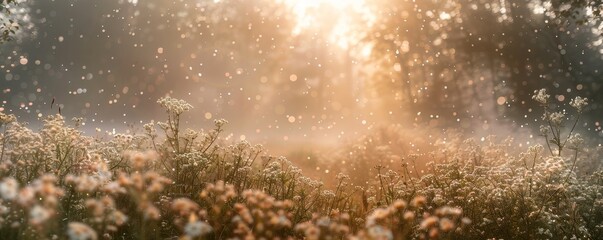 Obraz premium Foggy landscape with dew-covered foliage, tranquil and mystical early morning scene, soft focus, serene beauty.