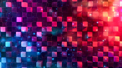 A colorful background of pink and blue squares with a blue background. The squares are lit up and appear to be glowing