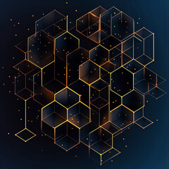 A close up of a hexagonal pattern with gold and blue colors. The pattern is made up of small squares and triangles. The image has a futuristic and modern feel to it