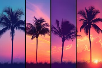 Fototapeta na wymiar Tropical Palm Silhouettes Against Vivid Sunset Skies