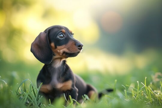 A playful Dachshund puppy sitting on the grass, with room for text on the bottom right corner of the image.