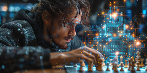 a man playing a chess match with a large, transparent, futuristic, and complex AI machine behind his back,generative ai - obrazy, fototapety, plakaty