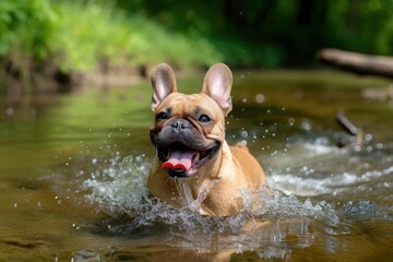 A playful French Bulldog splashing in a shallow stream, its tongue lolling out in pure joy, Copy Space - obrazy, fototapety, plakaty