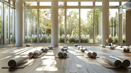 Tranquil Yoga Studio with Rolled Mats and Abundant Natural Light