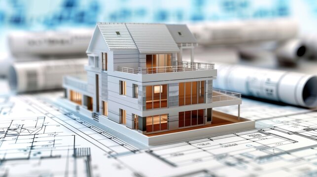 Model Home on Construction Plans with Blueprints in Background