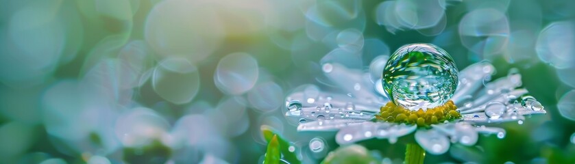 Macro photography captures a serene small world within a water droplet, radiating clarity and purity against a tranquil backdrop. - obrazy, fototapety, plakaty