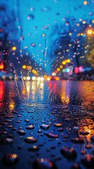 Raindrops on a car window, street lights softly glow in the background, creating a cozy urban atmosphere on a rainy evening.