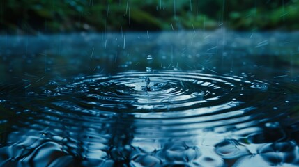 Raindrops splashing on a pond, close-up, circular ripples expanding, peaceful natural setting, reflection of sky