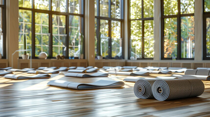 Tranquil Yoga Studio with Rolled Mats and Abundant Natural Light - obrazy, fototapety, plakaty