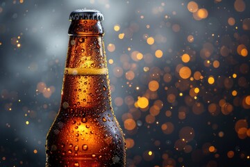 Chilled Beer Bottle with Condensation - obrazy, fototapety, plakaty