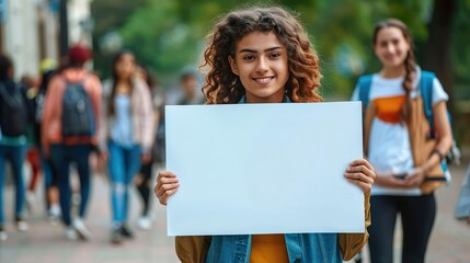 Young beautiful girl at University campuses holding a whiteboard