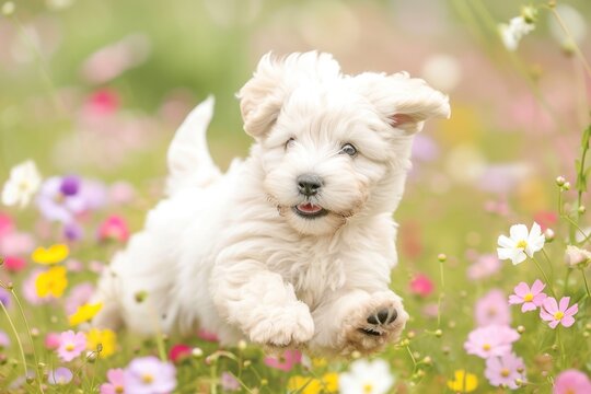 A playful Kuvasz-Hungarian Puli puppy frolicking in a field of flowers, with room for text on the bottom right corner of the picture.