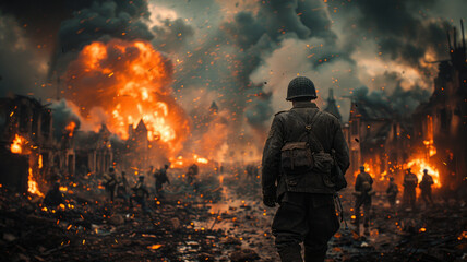 Amidst ruins, Captain Miller's squad clashes with German soldiers, chaos ensues.generative ai - obrazy, fototapety, plakaty