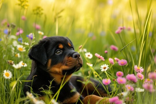 A playful Rottweiler pup frolicking in a meadow of wildflowers, with copy space on the right side of the image for additional text.