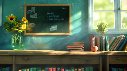 Sunlit chalkboard with school items on desk