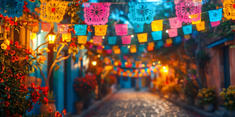 Mexican street with Mexican party decorations - obrazy, fototapety, plakaty