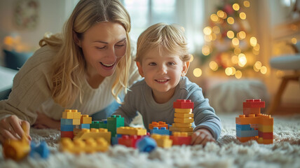 Fototapeta premium mother and son are playing with building blocks on the carpet at home.generative ai