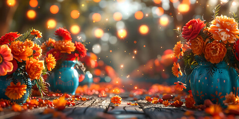 Colorful flower decorations on wooden table, lights and party background - obrazy, fototapety, plakaty