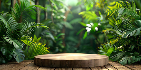  Simple round podium, nature jungle concept background. Space to place product, natural cosmetics. Place brand or advertising or product.