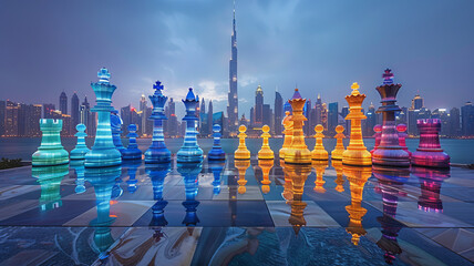 Urban skyline: Chess-themed cityscape blends tradition with modernity.generative ai