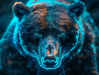 Close-up of a bear's muzzle glowing in the dark. The wild animal is in the center of the image and looks directly at the viewer. Illustration for cover, card, poster, brochure or presentation.