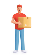 Delivery courier man in red uniform holding cardboard package box. Safe delivery of goods concept. 3d vector people character illustration. Cartoon minimal style.