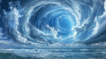 Swirling clouds and ocean forming a vortex in the sky. - obrazy, fototapety, plakaty