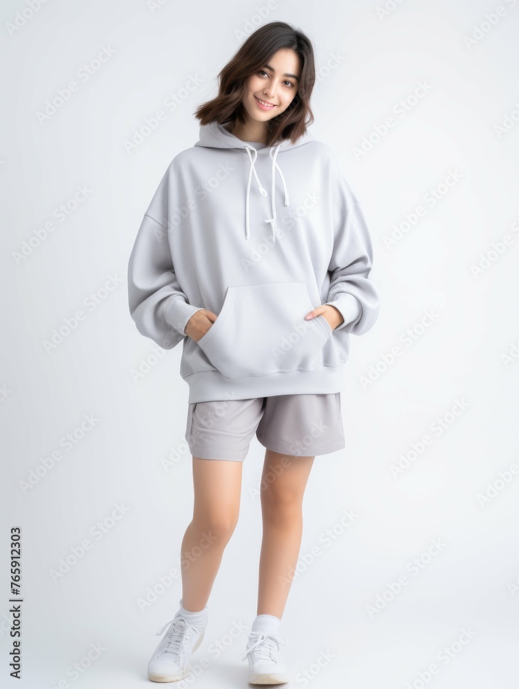 Canvas Prints Woman in Grey Sweatshirt and Shorts