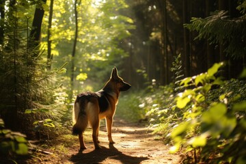 Fototapeta premium A vigilant German Shepherd patrolling a forest trail, with dappled sunlight filtering through the trees