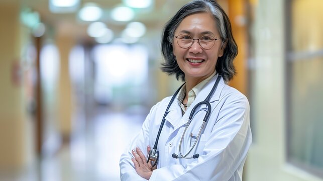 Smiling assian midle aged woman doctor on blured hospital background
