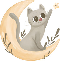 cat on the moon with star clipart, sticker, the night sky with cats and stars, icon, print for fabric, packaging, stationery, clothes with cats, stars, branches and fish